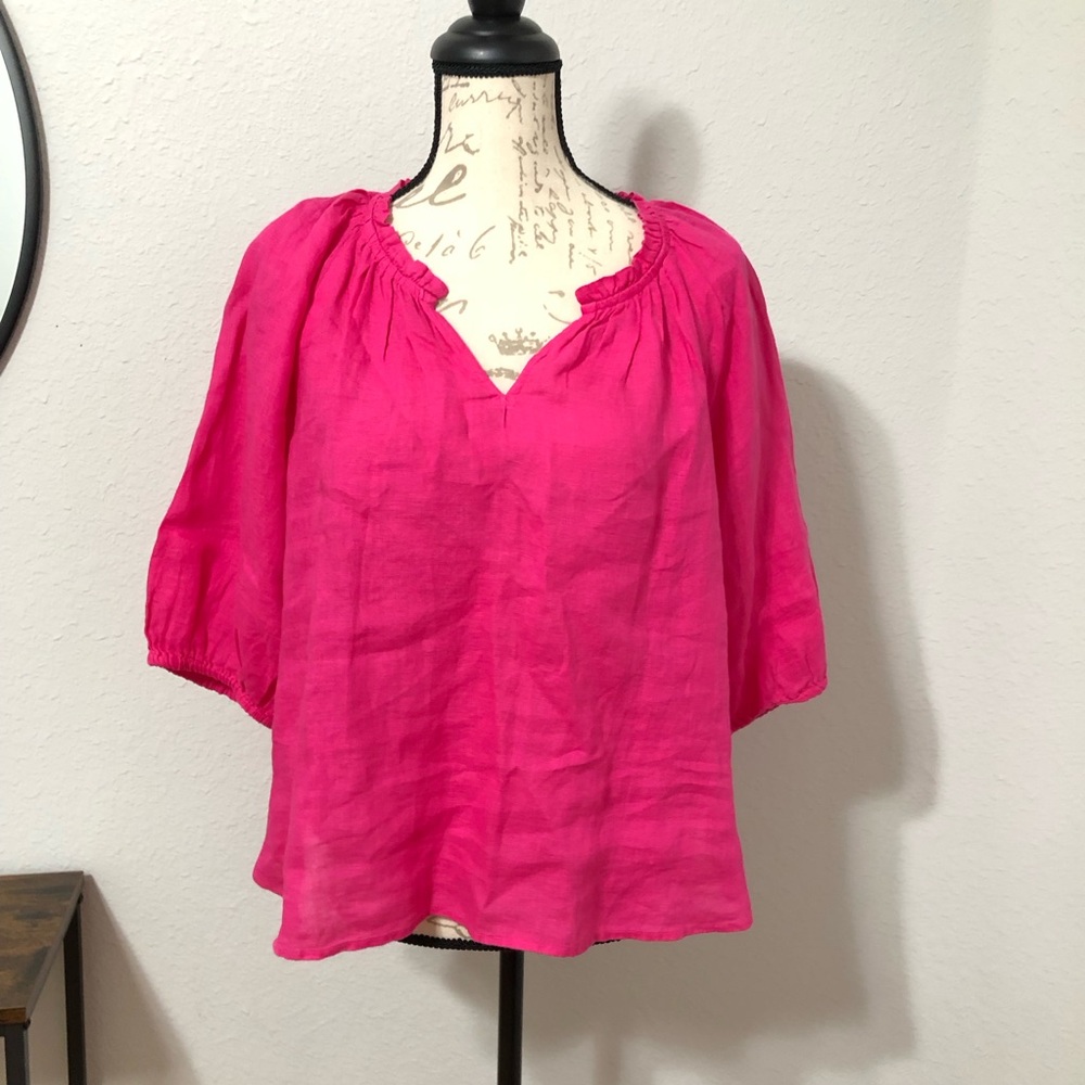 J. Jill Love Linen Pink Top Blouse Medium Petite Peasant Boho v neck 3/4 sleeves